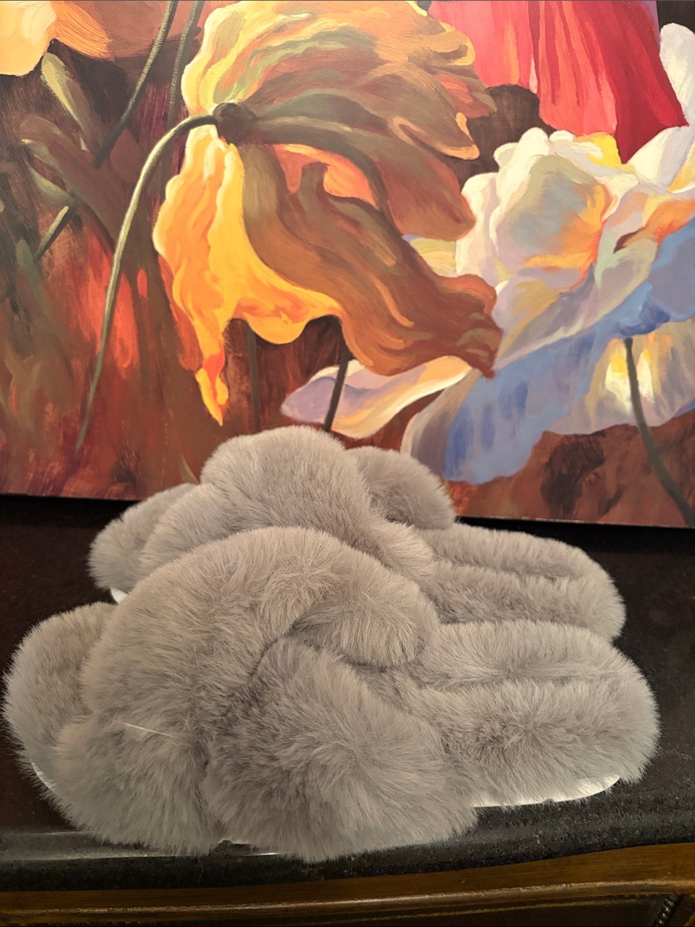 NWOT Plush Faux-Fur Slide Slippers - Light Gray